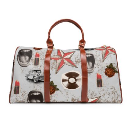 Retro Rockabilly Waterproof Travel Bag – Vinyl Record, Lipstick & Vintage Car Duffle