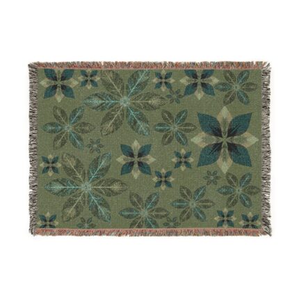 Floral Woven Blanket — Green Leaf Pattern Decorative Throw for Living Room & Patio