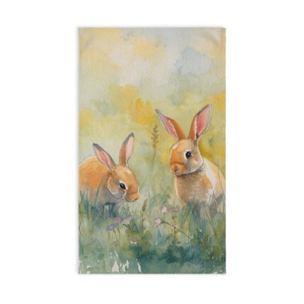 Bunny Meadow Hand Towel — Watercolor Rabbits Spring Kitchen Towel