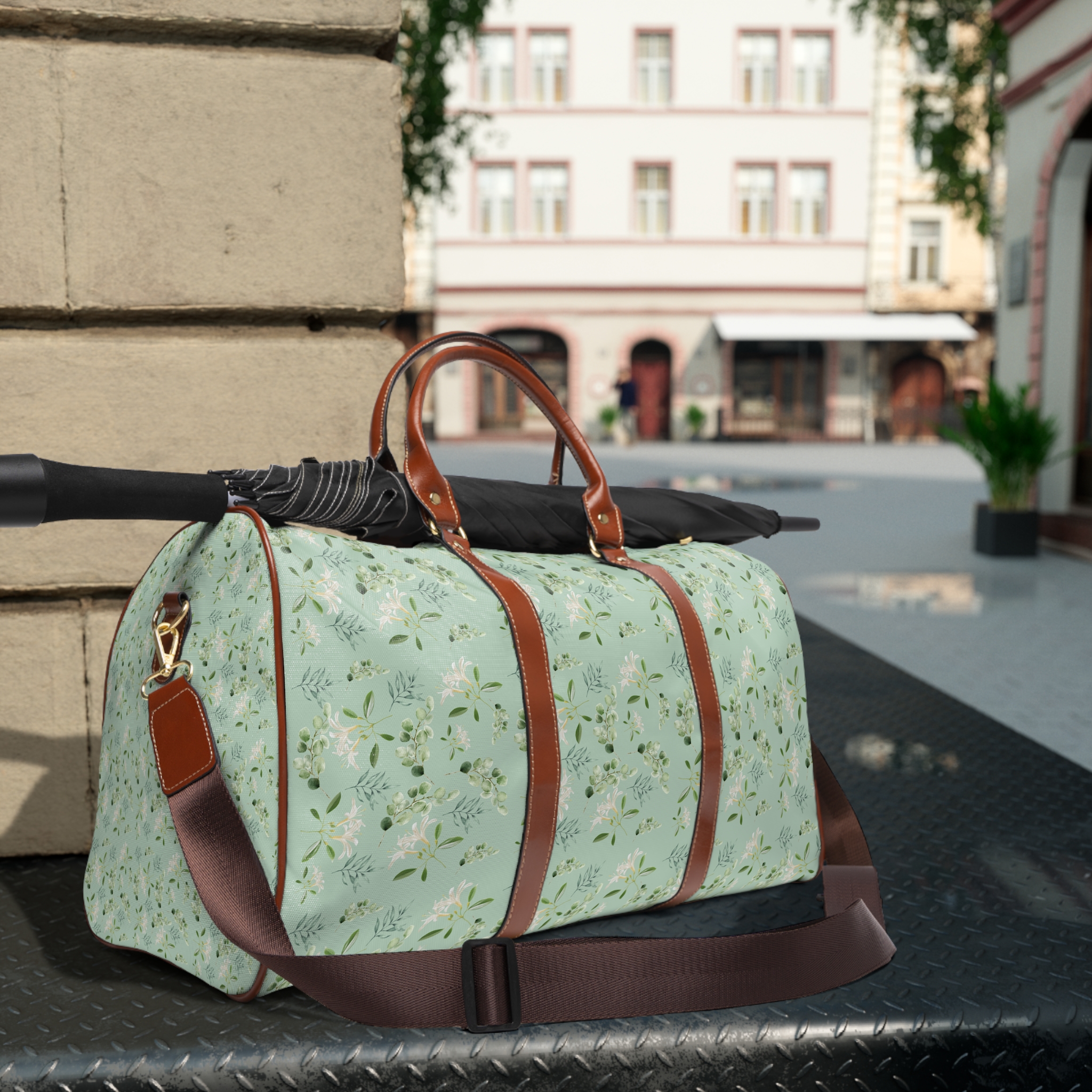 Floral Waterproof Travel Bag – Mint Botanical Weekender - Image 6