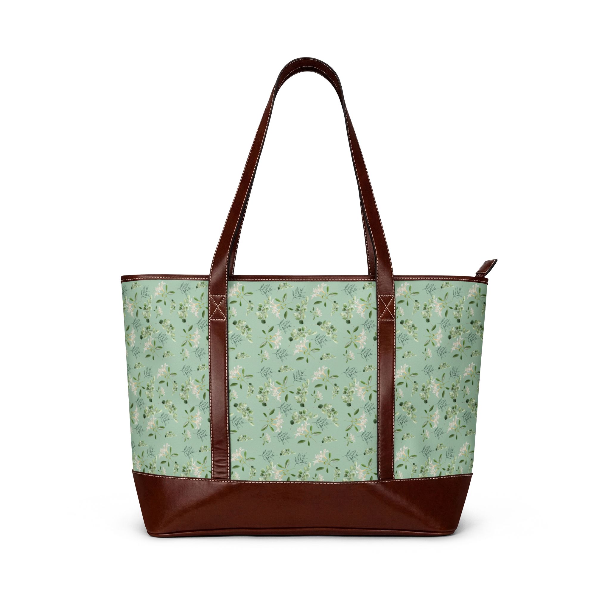 Mint Floral Tote Handbag – Vintage Green Flower Pattern Shoulder Bag - Image 2