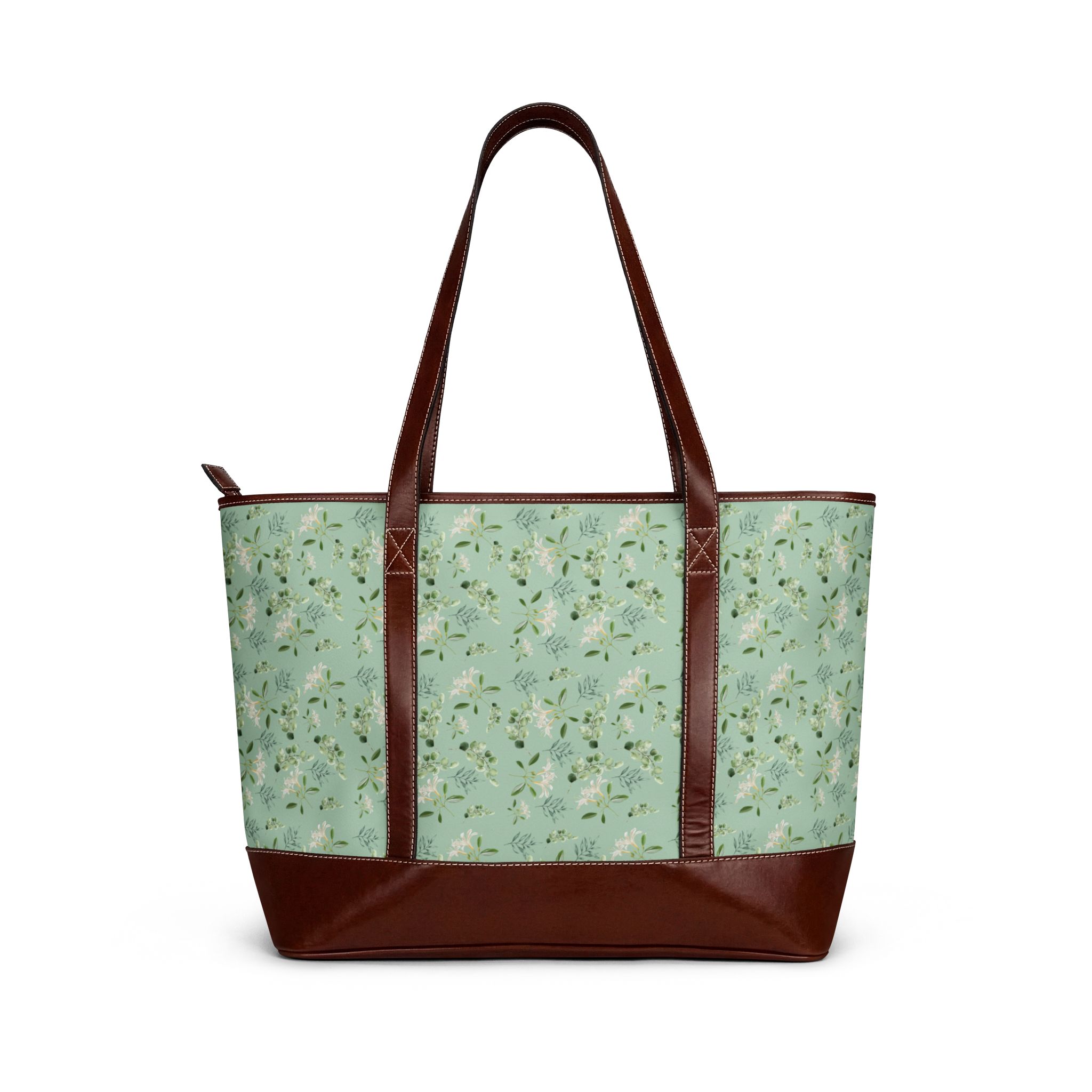 Mint Floral Tote Handbag – Vintage Green Flower Pattern Shoulder Bag