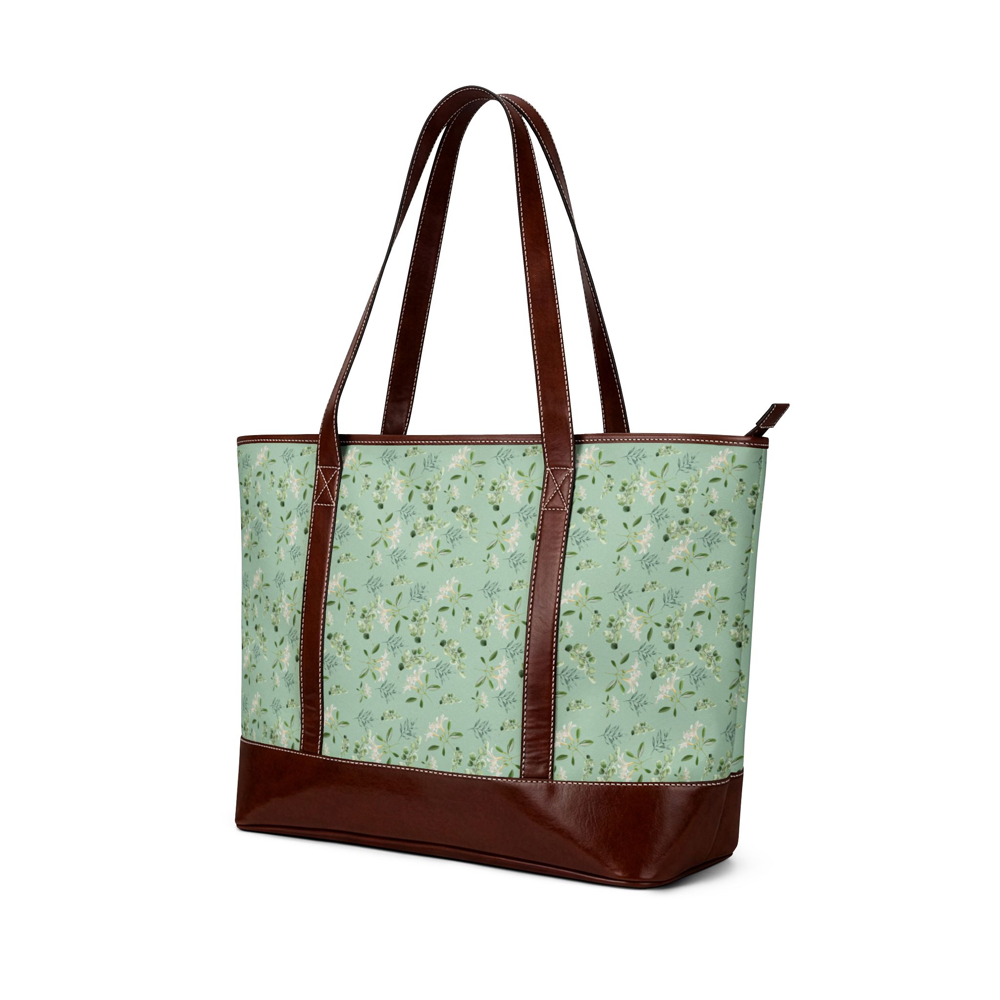 Mint Floral Tote Handbag – Vintage Green Flower Pattern Shoulder Bag - Image 4