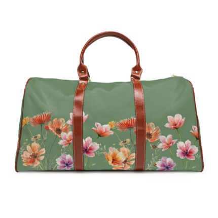 Floral Escape Waterproof Travel Bag — Green Watercolor Flower Weekender