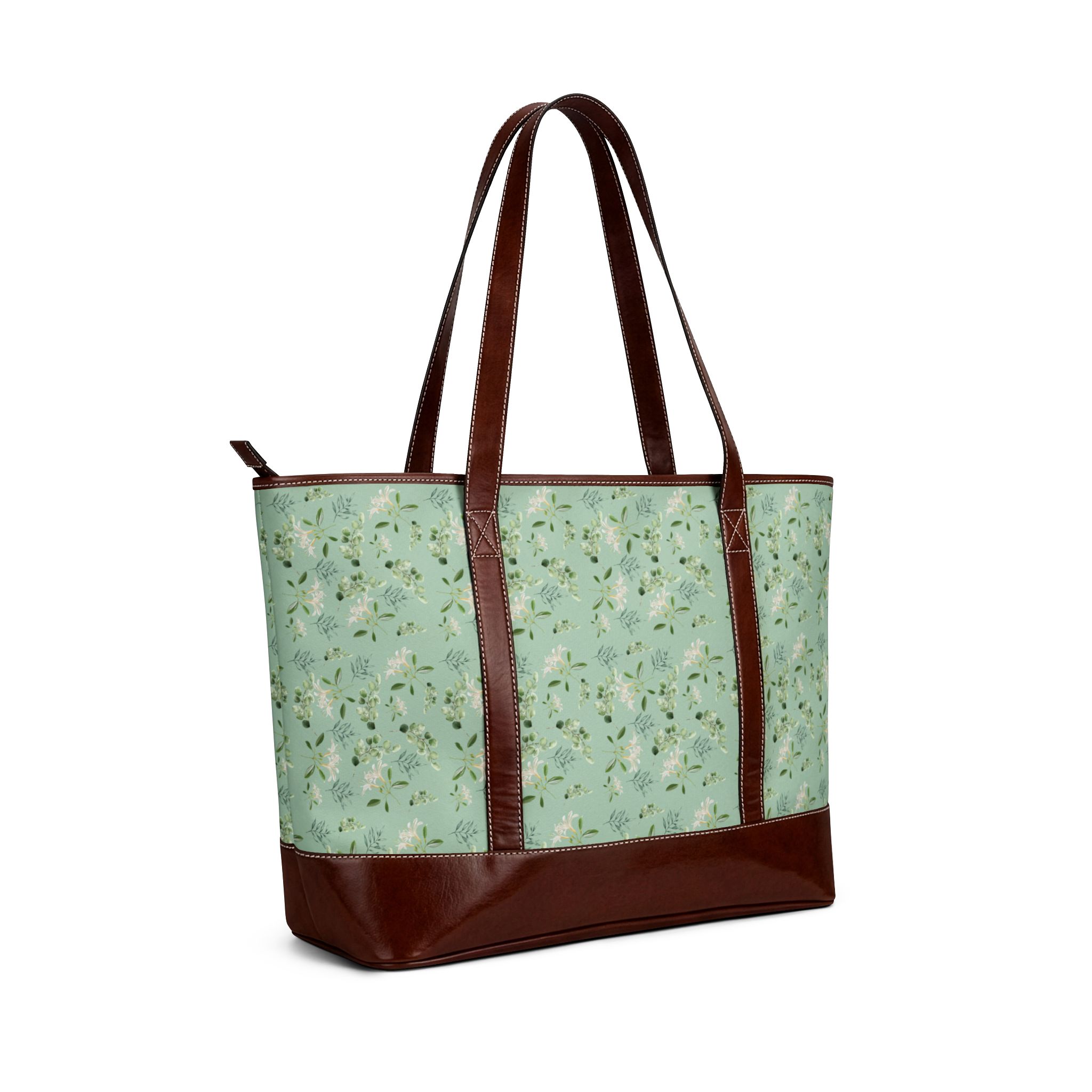 Mint Floral Tote Handbag – Vintage Green Flower Pattern Shoulder Bag - Image 3