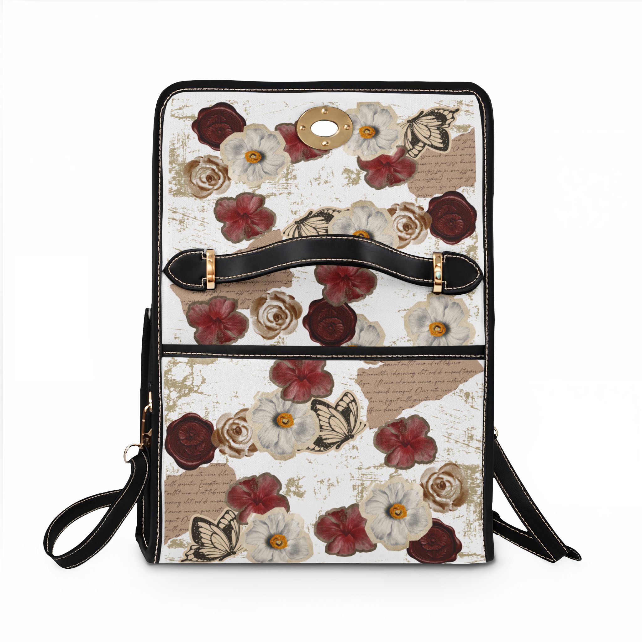 Vintage Floral Canvas Bag — Waterproof Shoulder Satchel with Butterflies & Script