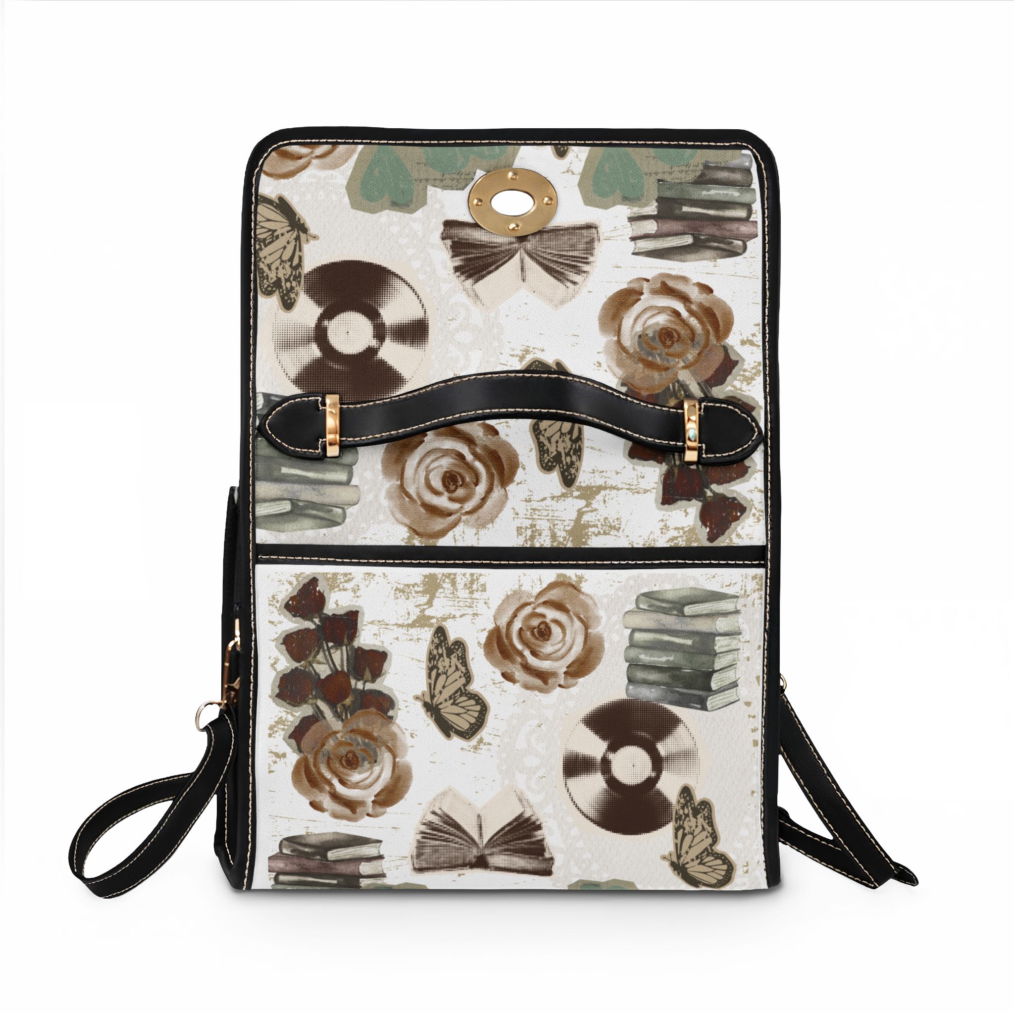 Vintage Records & Books Waterproof Canvas Bag — Retro Music & Literature Print Tote - Image 2