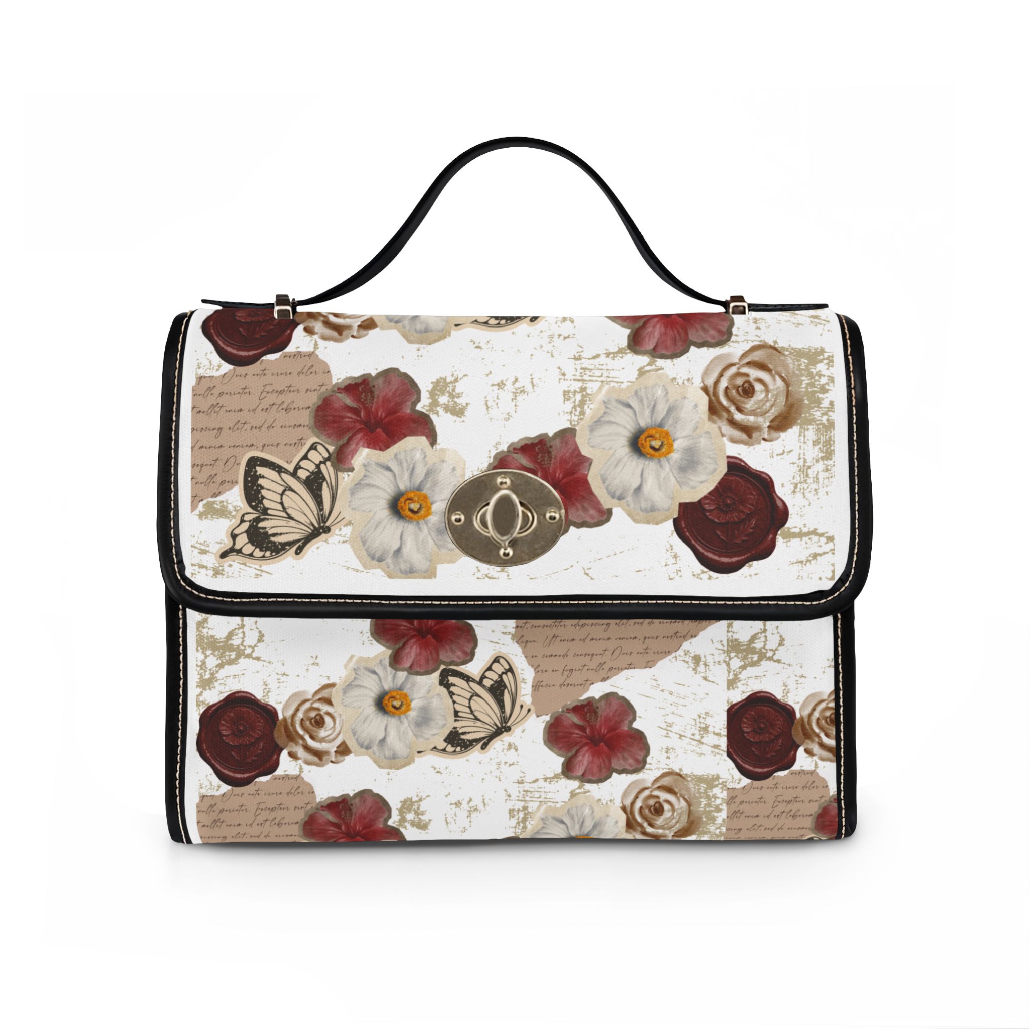 Vintage Floral Canvas Bag — Waterproof Shoulder Satchel with Butterflies & Script - Image 2