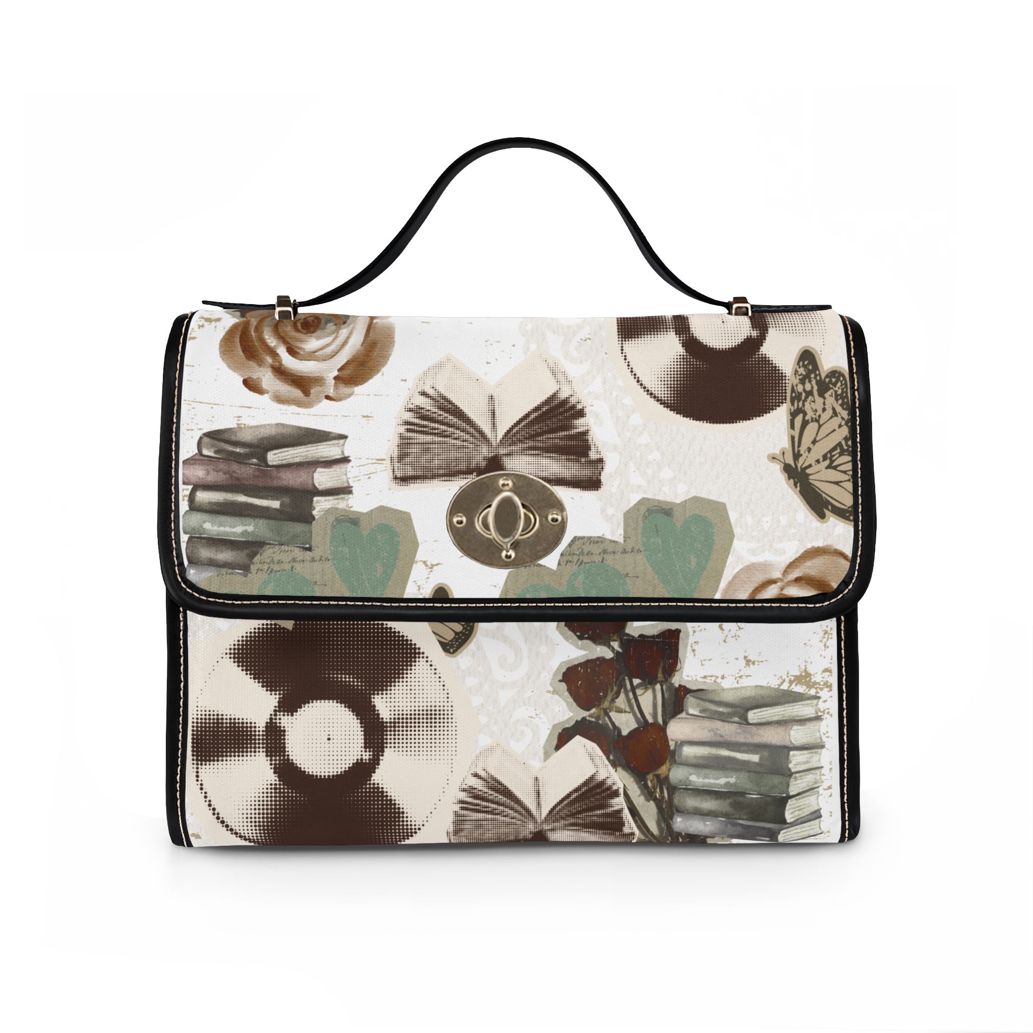 Vintage Records & Books Waterproof Canvas Bag — Retro Music & Literature Print Tote