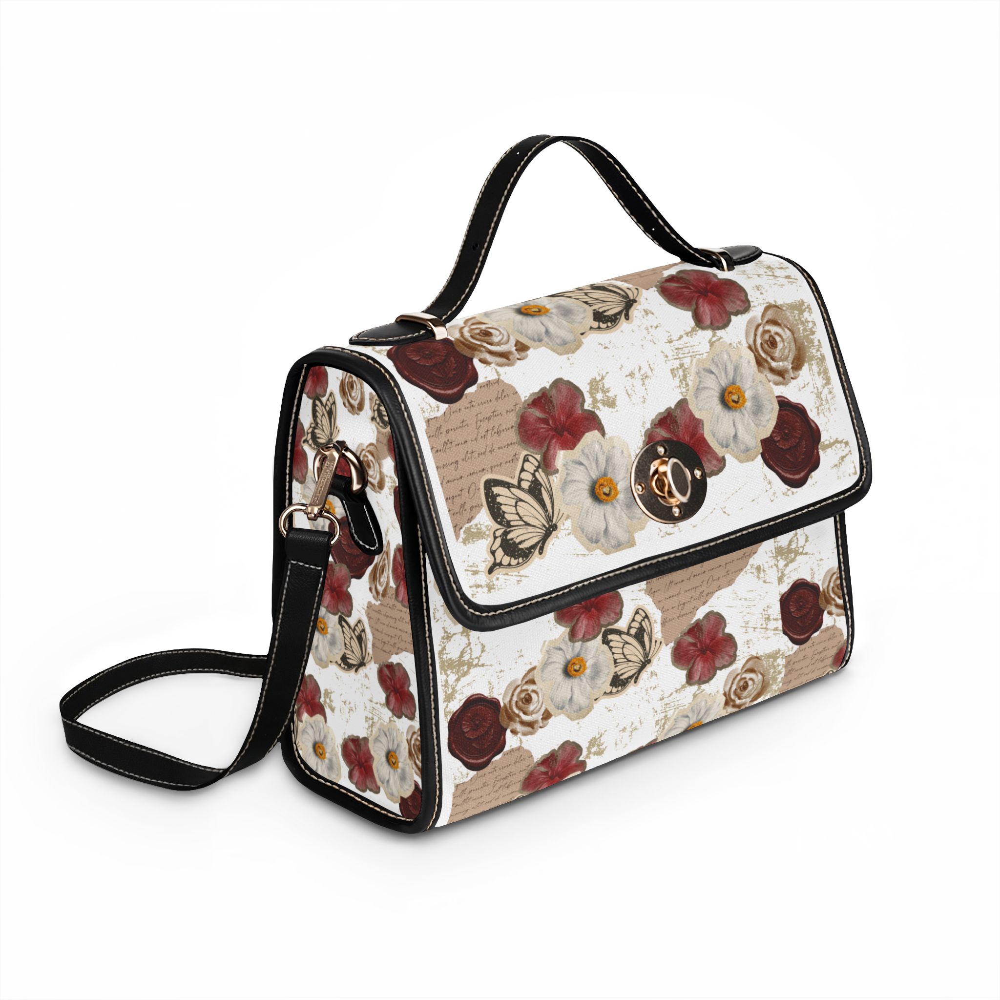 Vintage Floral Canvas Bag — Waterproof Shoulder Satchel with Butterflies & Script - Image 3