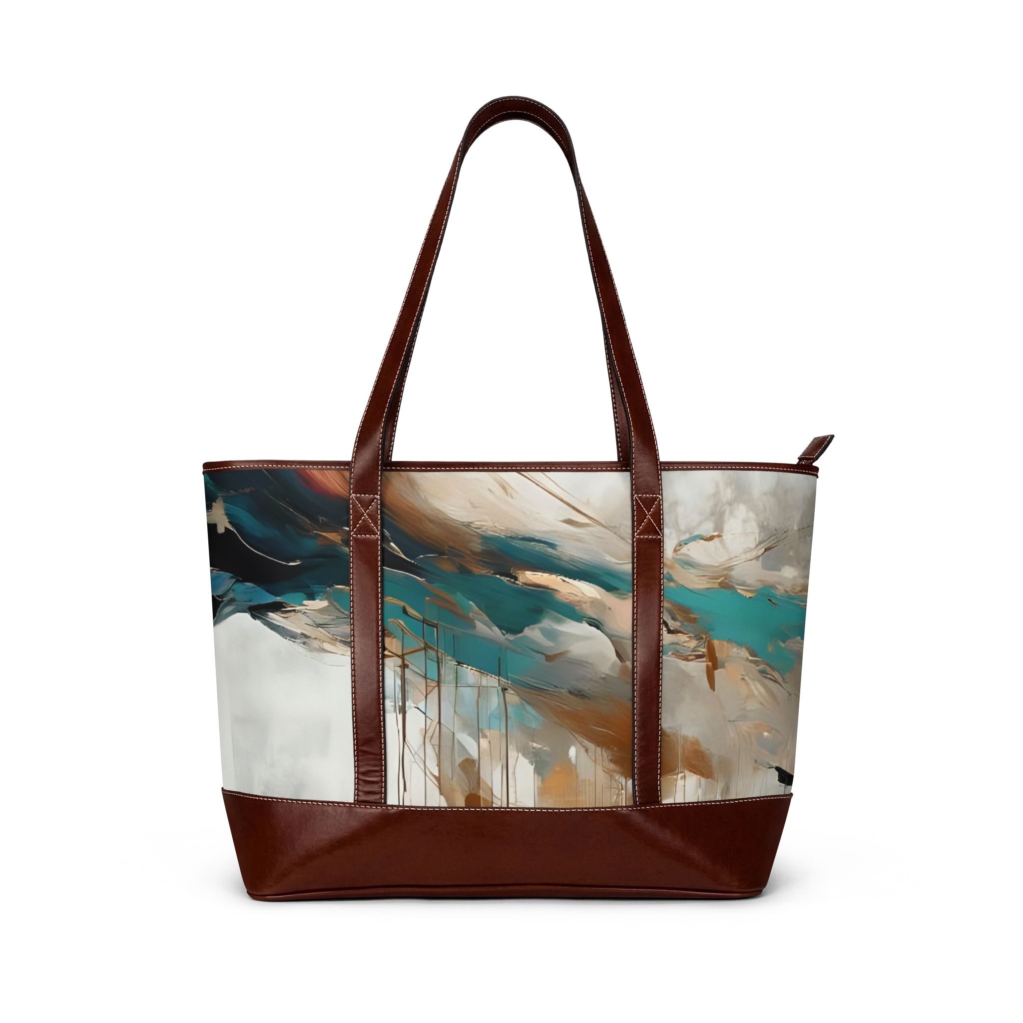 Abstract Teal & Gold Tote Handbag — Artistic Leather-Trim Shoulder Bag - Image 2