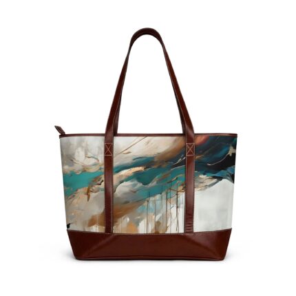 Abstract Teal & Gold Tote Handbag — Artistic Leather-Trim Shoulder Bag