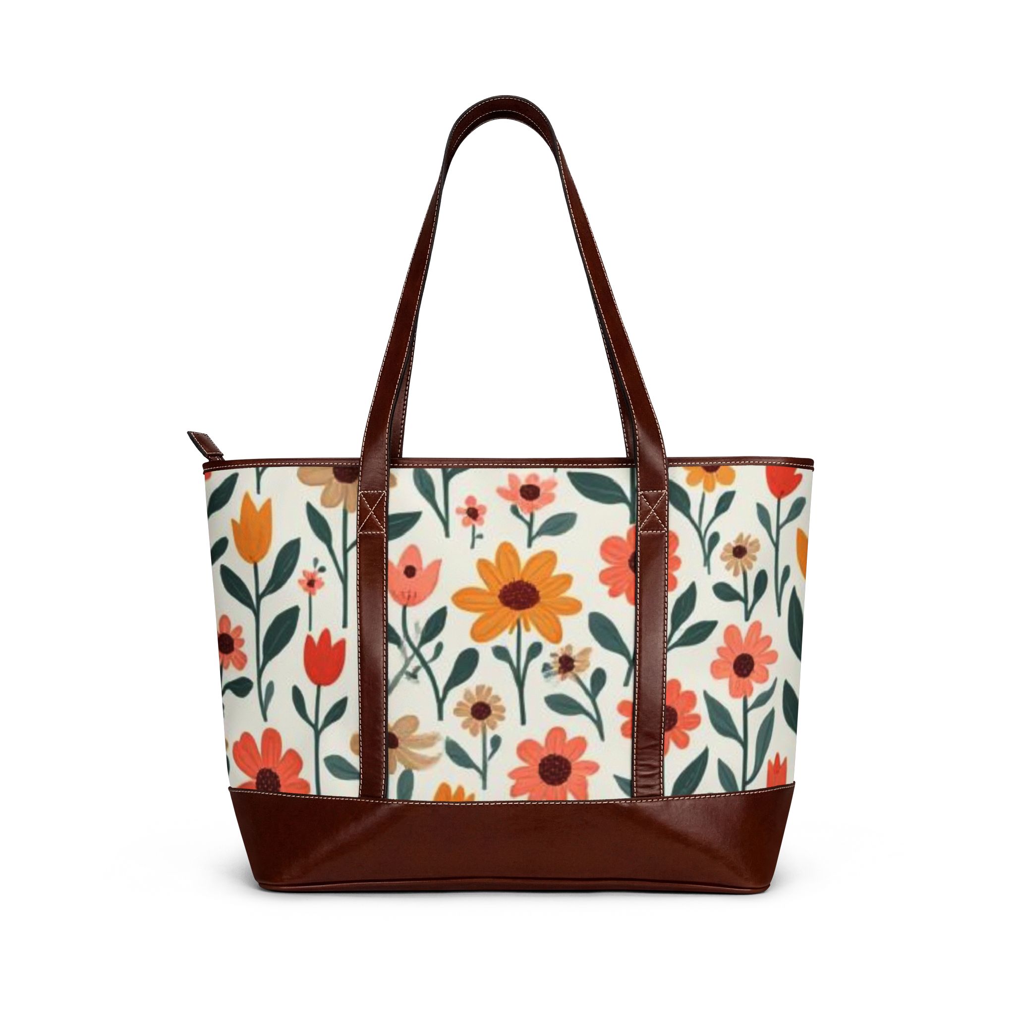 Floral Garden Tote Handbag – Retro Orange & Coral Flower Print