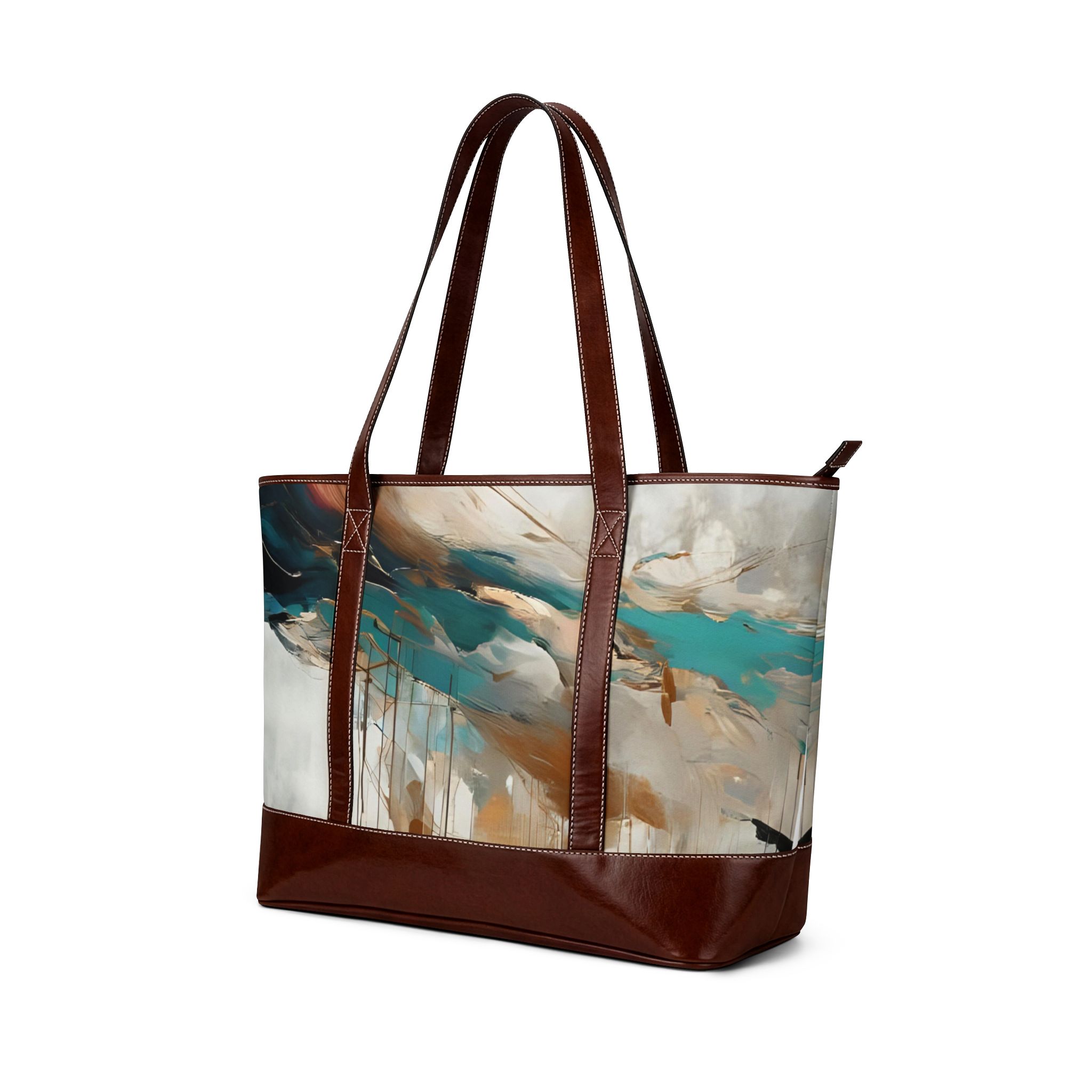 Abstract Teal & Gold Tote Handbag — Artistic Leather-Trim Shoulder Bag - Image 4