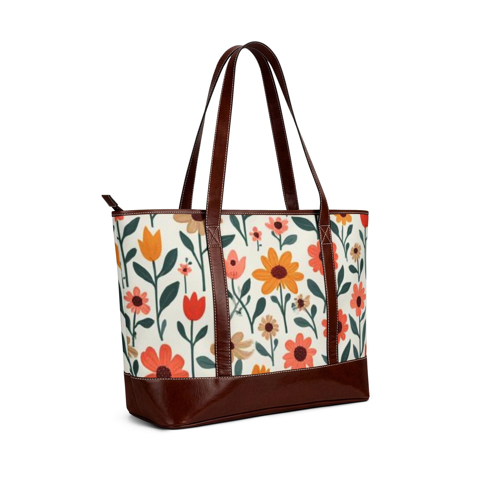Floral Garden Tote Handbag – Retro Orange & Coral Flower Print - Image 3
