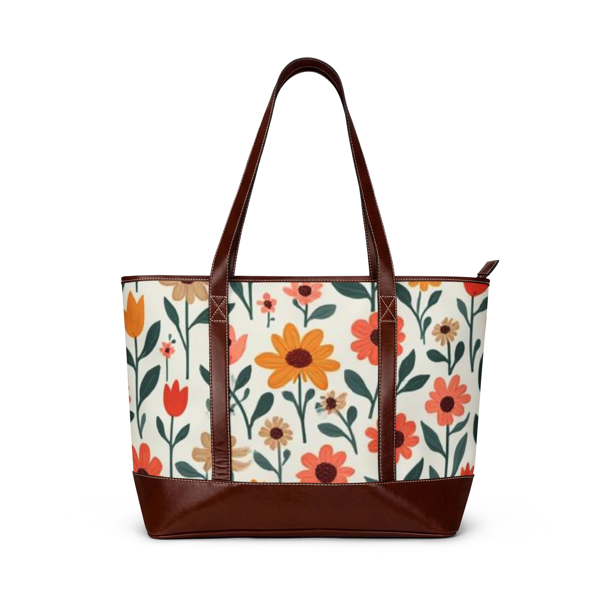Floral Garden Tote Handbag – Retro Orange & Coral Flower Print - Image 2