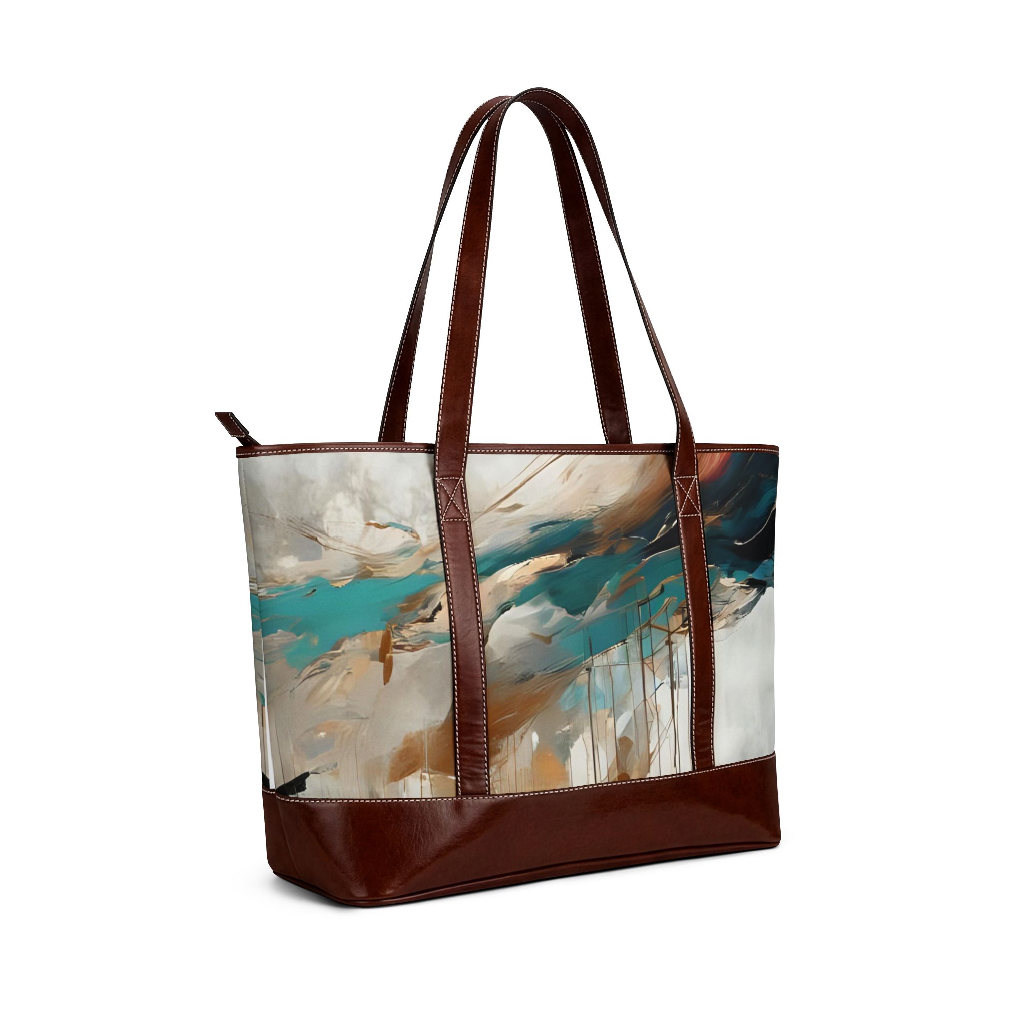 Abstract Teal & Gold Tote Handbag — Artistic Leather-Trim Shoulder Bag - Image 3